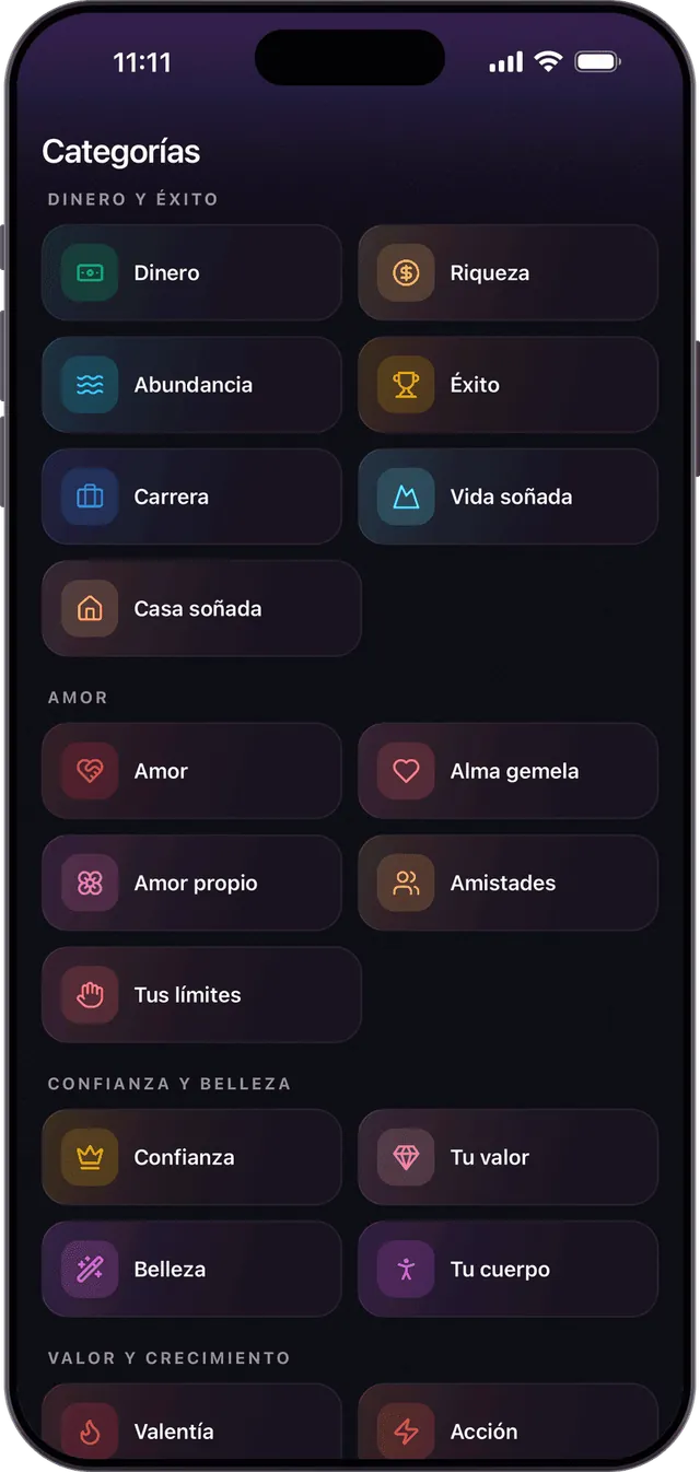 Afirmaciones para cada meta, por categoría